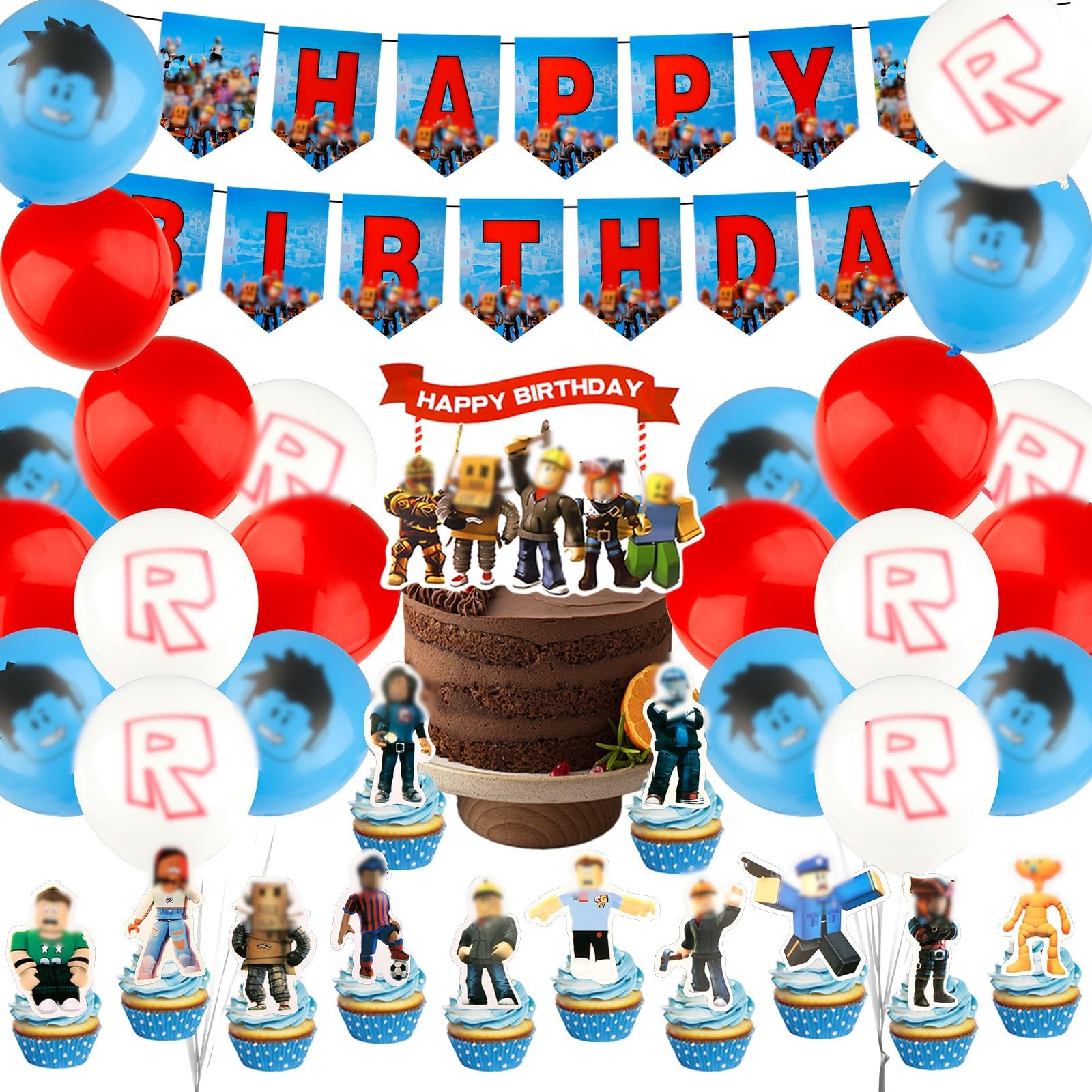 Balloons Birthday Party Decorations for Boys Girls, Rob-lx Cake Toppers Birthday Decorations Birthday Latex Balloons Cake Decorations Happy Birthday Banner Party Supplies for Kids Theme Decoration