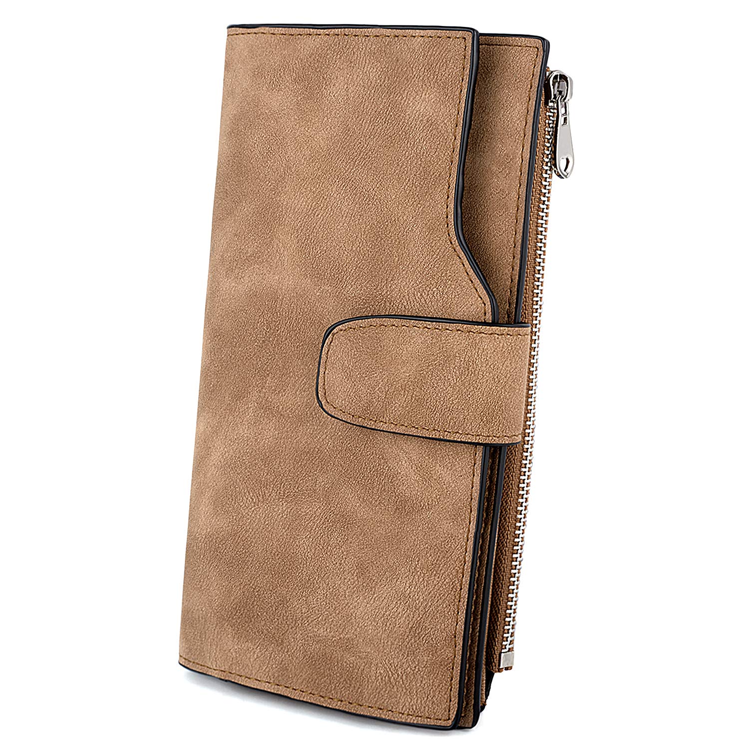 UTO RFID Wallet for Women PU Matte Leather Blocking Tech Wallet Card Holder Organizer Girls Small Cute Coin Purse with Snap Closure Brown(Size: Large)