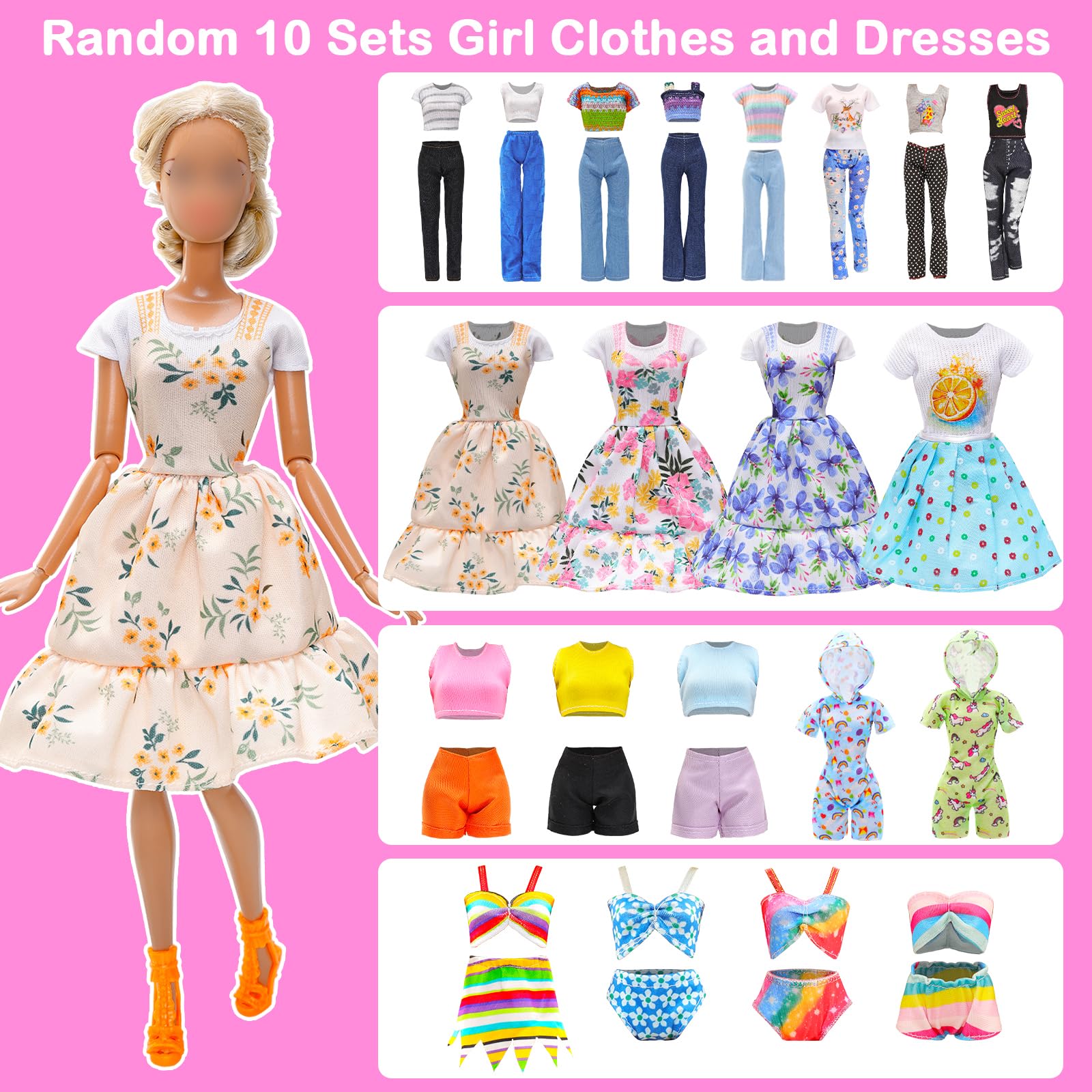Miunana Lot 37 pcs Random Doll Clothes Shoes Set for 11.5 inch Doll, Includ 5 PCS Boy Doll Clothes + 10 Girl Clothes + 5 Girl Fashion Skirts + 2 Pairs for Boy Shoes + 15 Pairs of Girl Doll Shoes