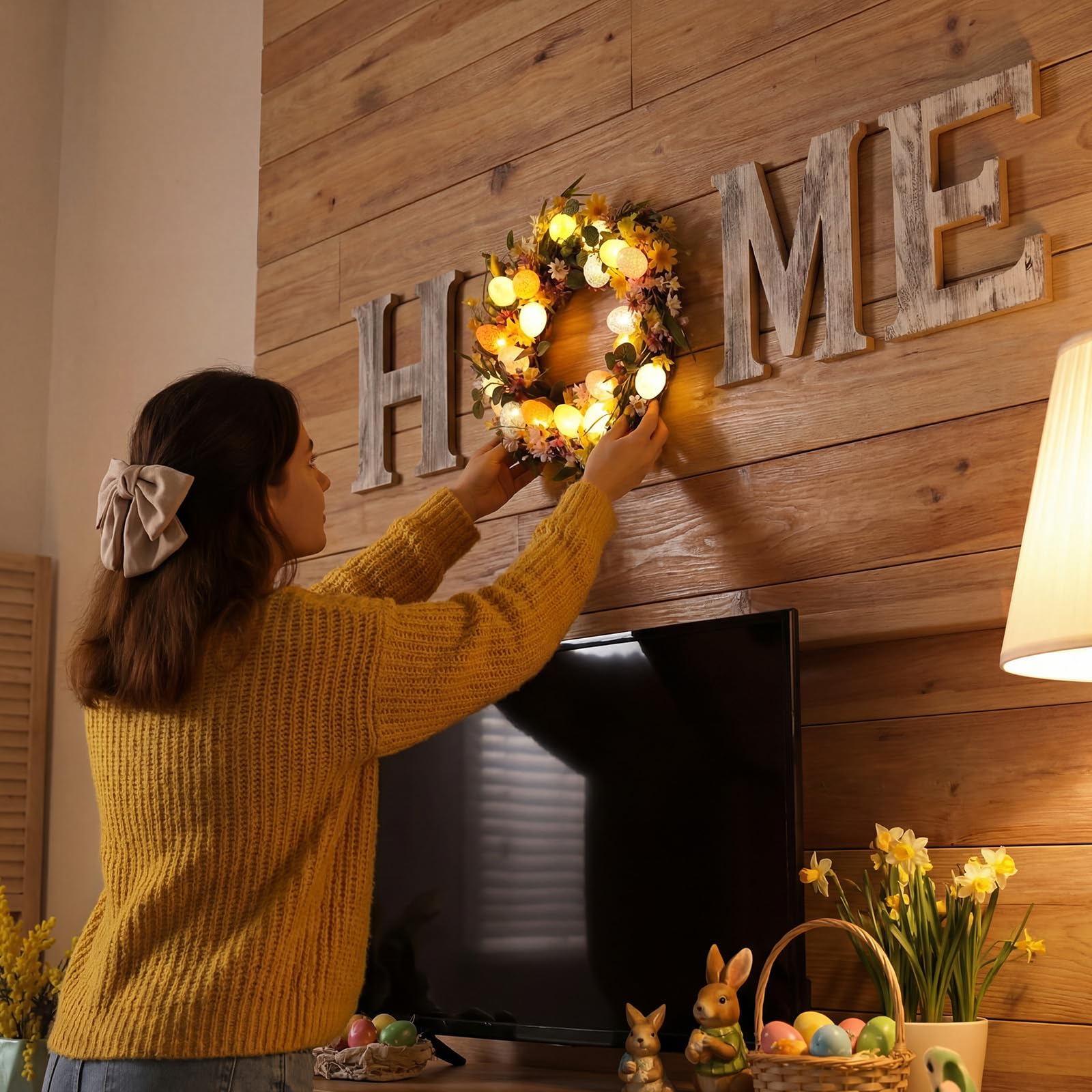 Condition photo showing New/Like New for novabright 18" lighted easter home sign wall decor, 4 pcs extra large 15.7" wood home letters with e