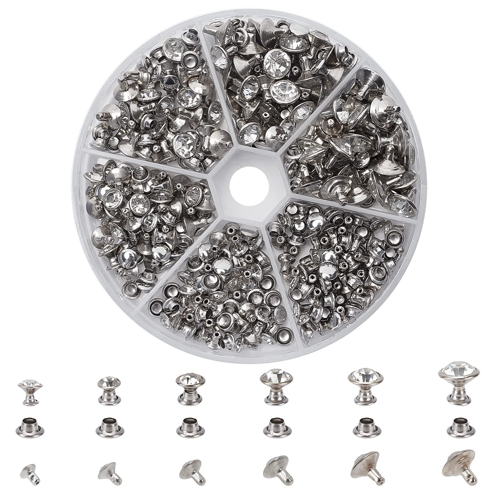 NBEADS 180 Sets Rhinestone Rivets, 6 Sizes Silver Cz Clear Crystal Brass Rivets Studs for Leather Craft DIY Making Repair