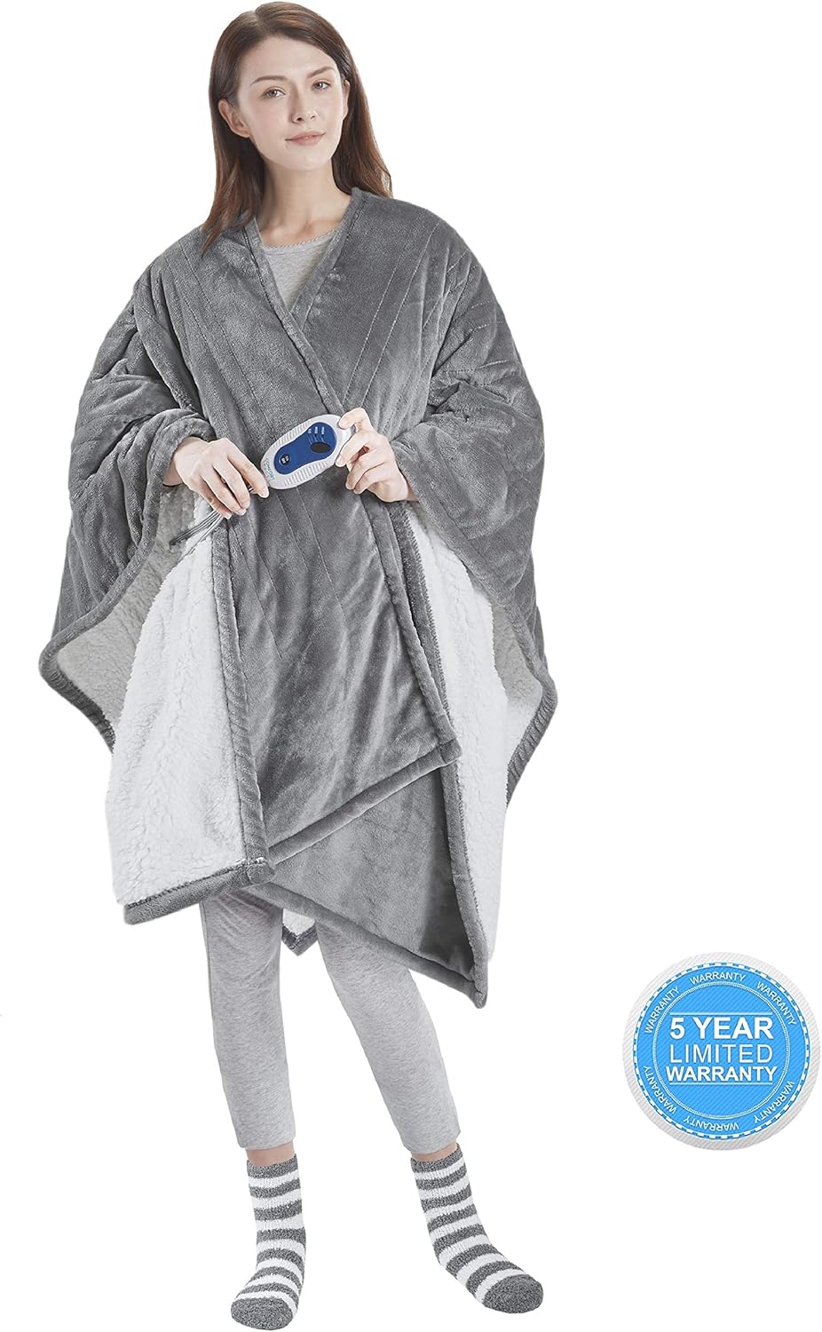 Comfort Spaces Plush to Sherpa Electric Blanket Shoulder and Neck Wrap with Matched Sock Set Ultra Soft and Warm Hypoallergenic Fleece-Reversible Heated Poncho Throw, 50" W x 64" L, Grey: Home & Kitchen