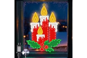 HappyAlley LED Christmas Silhouette Candle with Holly Decoration, 14 Inch Tall, Colorful Twinkling Lights, Pre-lit with 303 Micro Hi-Intensity LED Lights, Plug in Powered, Hanging Window Xmas Decor