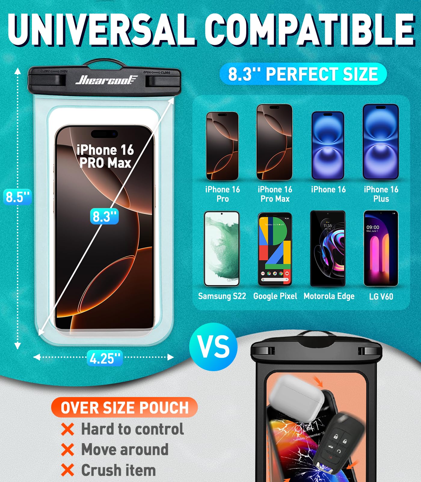 Hiearcool Waterproof Phone Pouch, Waterproof Beach Bag Compatible for iPhone 16 15 14 13 Pro Max Up to 8.3