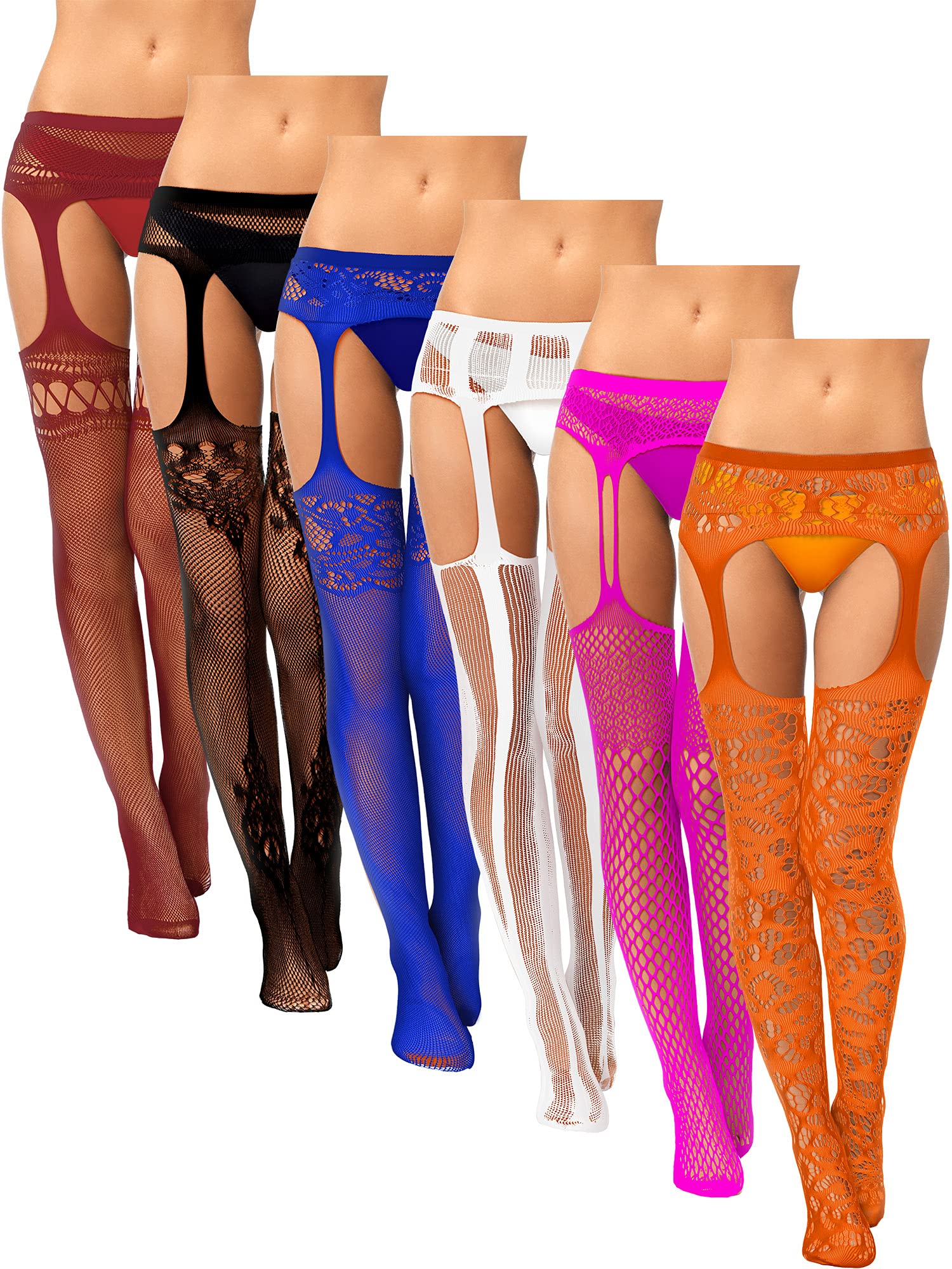 Photo 1 of Skylety 6 Pairs Fishnet Stockings for Women Plus Size Thigh-high Tights Stockings Suspender Pantyhose Garter Belts(Medium-large,Wine Red, Black, Dark Blue, White, Rose Red, Orange)