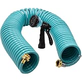 AUTOMAN Recoil Garden Water Hose 50 ft, EVA Curly Water Hose with Brass Connectors,Garden Hose Coil,Includes 7-Pattern Function Sprayer,Retractable,Corrosion Resistant Garden Coil Hose.