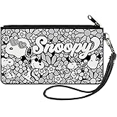 Buckle-Down Peanuts Wallet, Zip Pouch, Snoopy Poses and Daisy Flowers Collage Black Grays White, Canvas