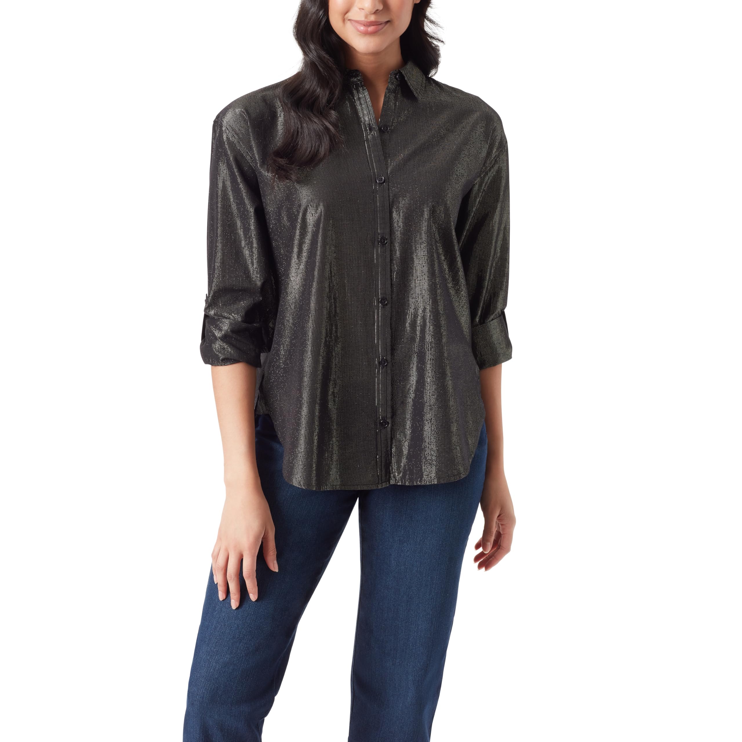 Gloria Vanderbilt Women’s Amanda Oversized Button Down Shirt with Roll-tab Sleeves, Black Lurex, X-Large Petite