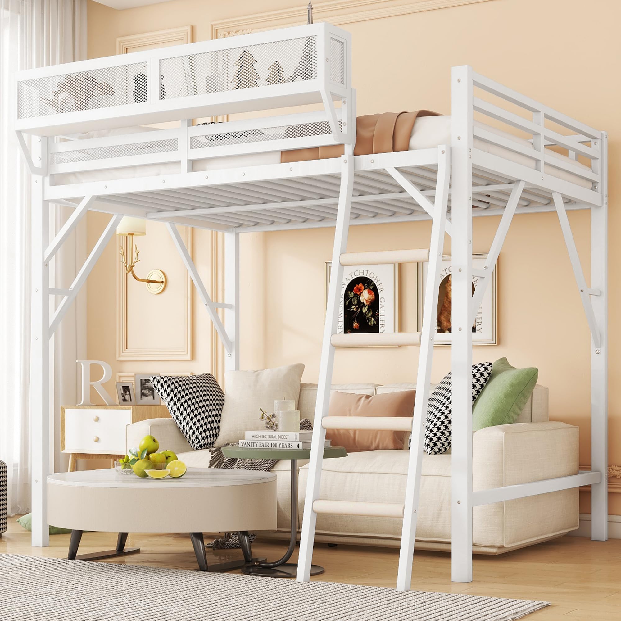 Photo 1 of ***ITEM IS MOST LIKELY MISSING PARTS***
Queen Size Metal Loft Bed Frame with Ladder and Built-in Storage Shelves, for Teens, Modern Style Loft Bed with Solid Slats, Guardrail, No Box Spring Required, Easy Assembly, for Bedroom, White
