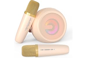 JUNGLE MONSTER Mini Karaoke Machine for Kids, 2 Wireless Microphones & 4 Magic Voices, LED Portable Design for Indoor Outdoor Party Singing Fun, Enhanced Musical Experience for Children Gift Ideas- Beige