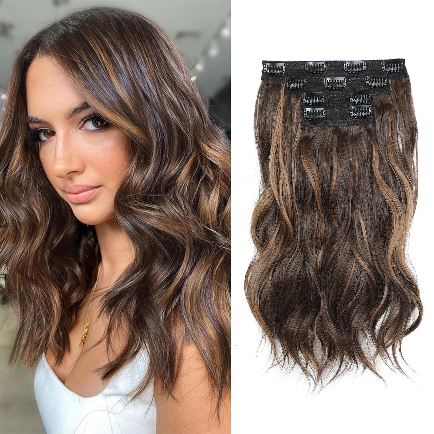 FINE PLUS Highlight Hair Extensions Clip in, 14Inch Wavy Honey Brown Balayage Clip in Hair Extension 4PCS