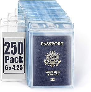 MIFFLIN Passport & Face Mask Holders (Clear, 4x6 Inches, 250 Pack), Extra Large ID Name Badge Holder, Zipperless Vertical Plastic Card Holders