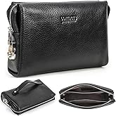 Top Grain Genuine Leather Handbag Wallet for Man & Woman, Handmade Retro Design, Combination Lock & Retractable Hand Strap & Multi Pockets/Slots, Portable RFID for Cards/Checks/Phone/Banknote, Black