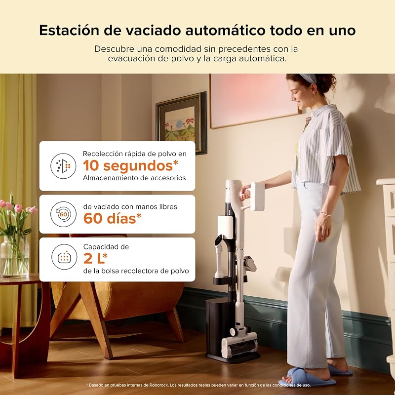 Hub de aspirador sem fios H60 com base de esvaziamento automático, bateria removível até 60 min, 115 AW para pêlos de animais, escova multisuperfície anti-emaranhados, luz LED verde