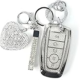 YIKECASE Key Fob Cover with Diamond Keychain for Women, Car Key Holder Compatible with Ford Explorer Fusion Edge Expedition F150 F250 F350 F450 F550 Maverick Mustang, 5 Buttons (Silver-Heart)