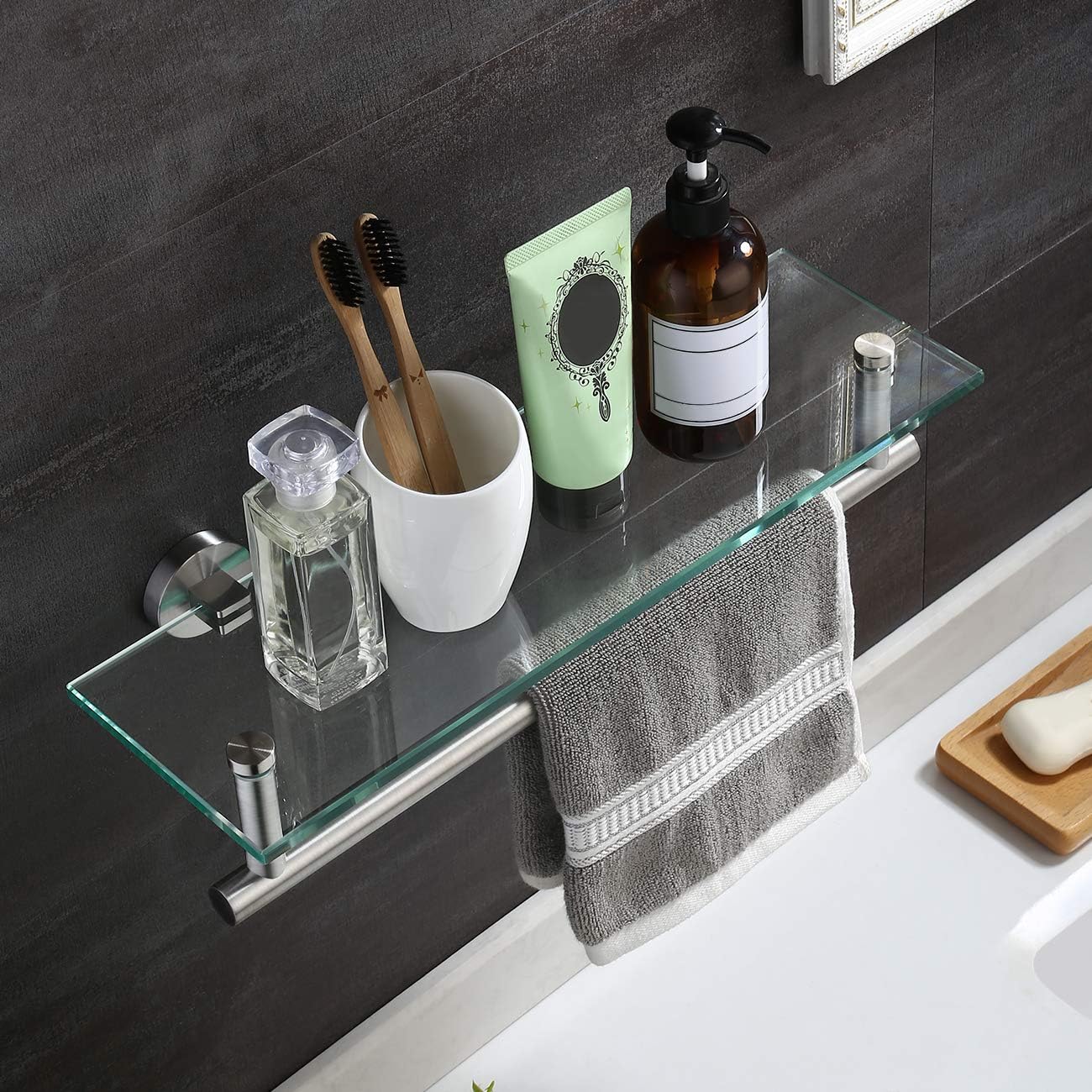 Bathroom Shelves A2022 2 Kes Glass Shelf 16 Tempered Glass Floating Shelf Wall Mount Glass Shelves For Bathroom Wall Shelf With Towel Bar Sus304 Stainless Steel Glass Shower Shelf Brushed Steel Home