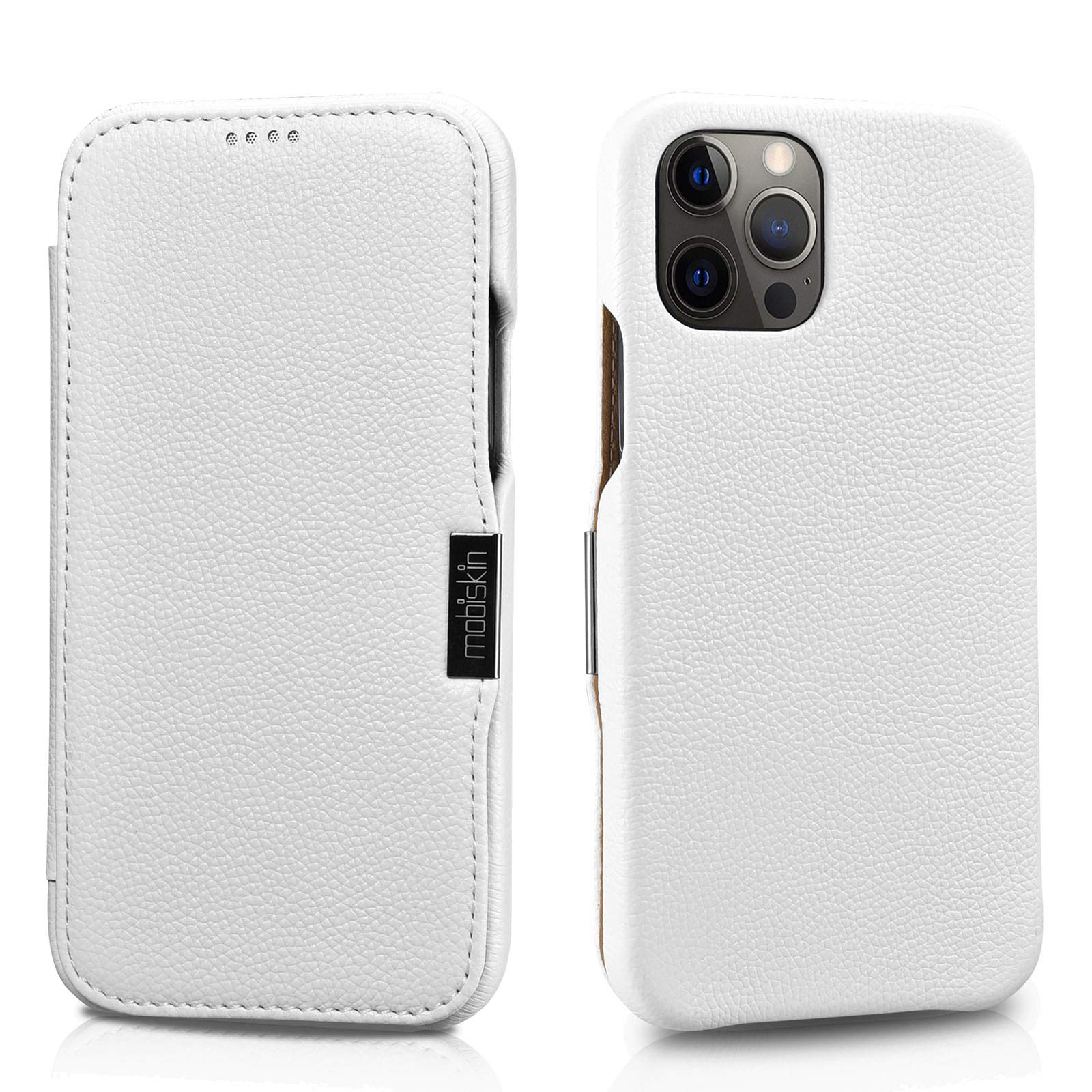 Mobiskin case compatible with Apple iPhone 12 and iPhone 12 PRO (6.1 inch), cover with genuine leather, book-style protective phone case, ultra-slim folio, thin wallet, white