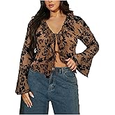 WDIRARA Women's Plus Size Floral Lace Sheer T Shirt Tie Front Long Bell Sleeve Tee Going Out Tops