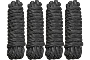 PACTHSD 4 Pack 5/8" x 20' Dock Lines - Marine Grade Nylon Boat Rope with 15" Loop for Docking and Mooring - Double Braided Boat Lines, High Strength, Easy Handling, Fray Resistant - Black