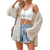 Angashion Women's Crochet Cardigan Sweaters Lightweight Knitted Long Batwing Sleeve Hollow Out Tie Front Boho Beach Cover Up