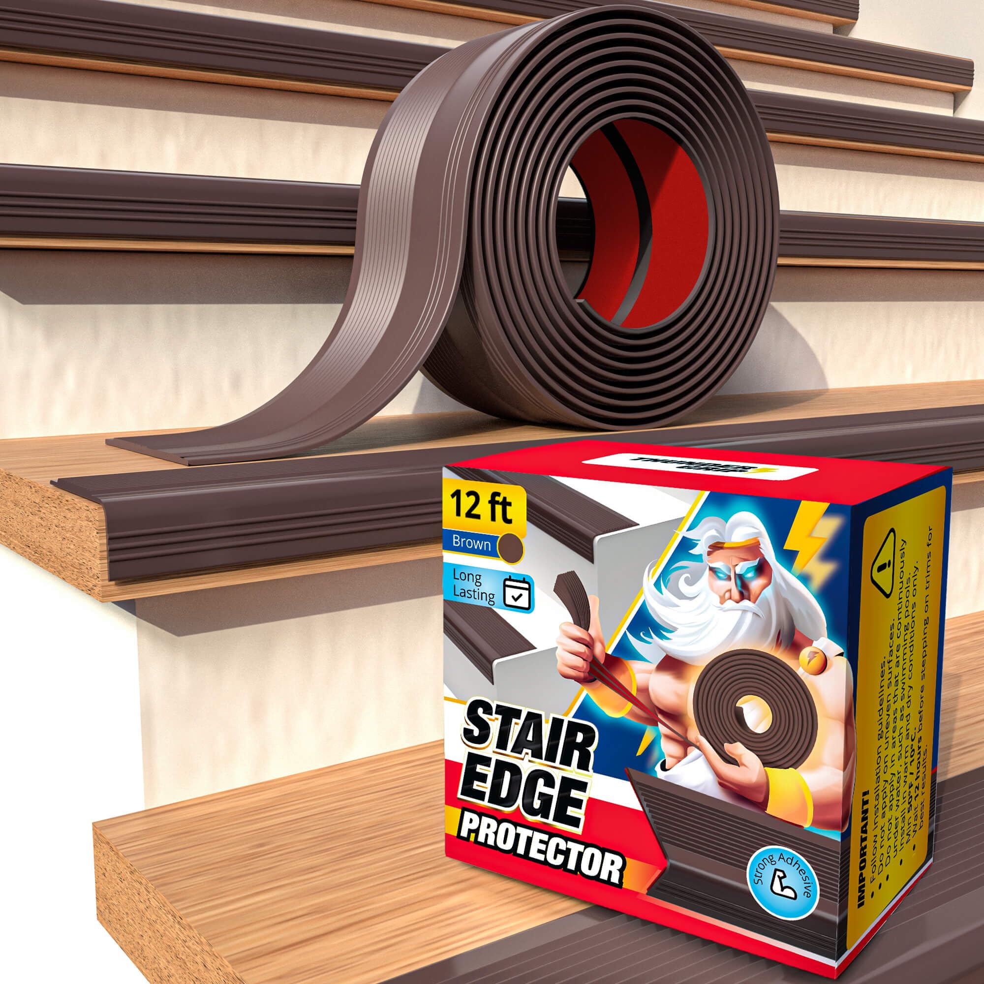 Photo 1 of Stair Edge Protector 12 Ft - Brown Rubber Edge Trim for Steps - Vinyl Stair Nose Molding - Rubber Nose Trim - Fit for Indoor and Outdoor - Non Slip and Waterproof