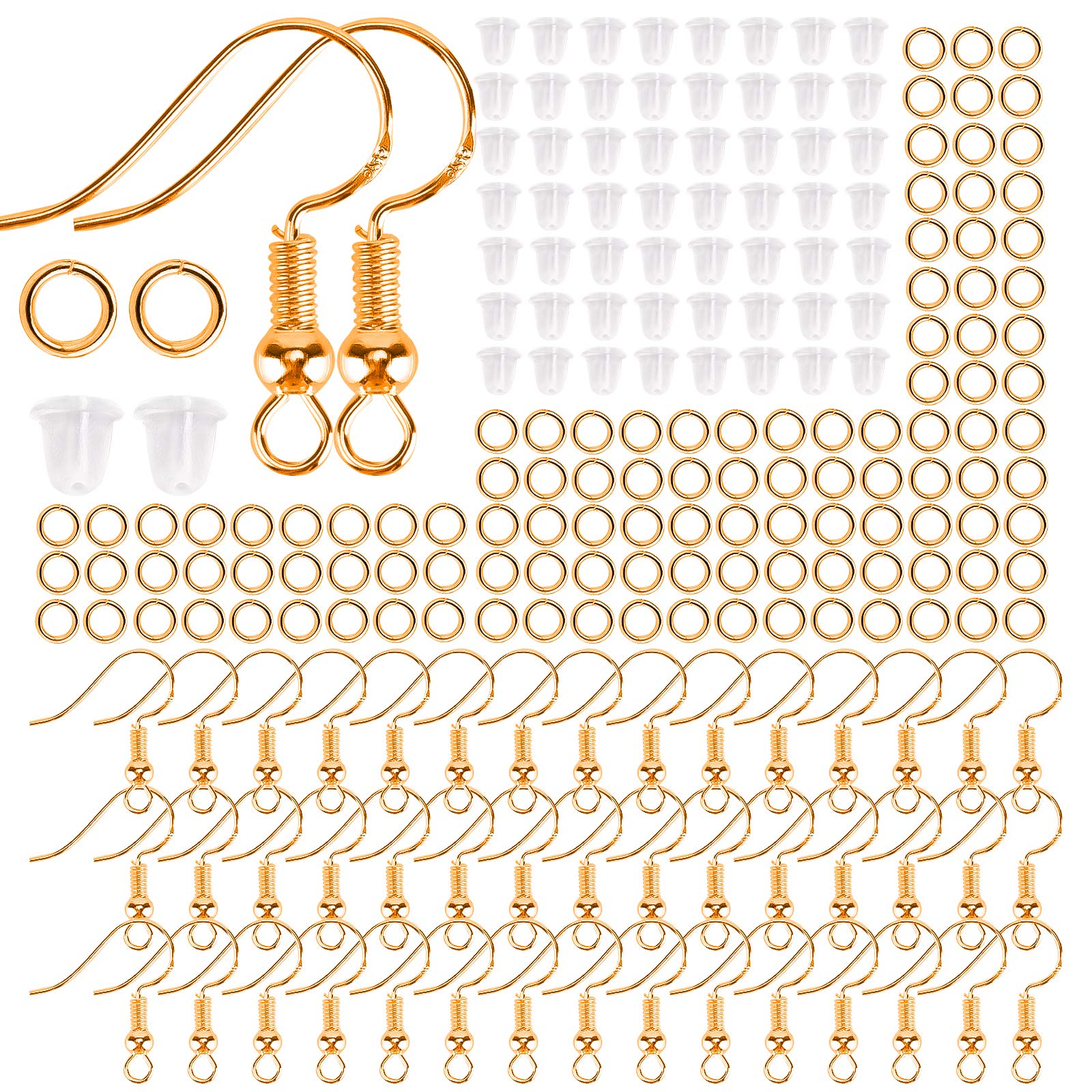 AIEX C03054 300 PCS Jewelry Making Supplies Kit with 925 Sterling Silver Earring Hooks, Clear Safety Backs, Ear Wire Hooks, Jump Rings (Gold)