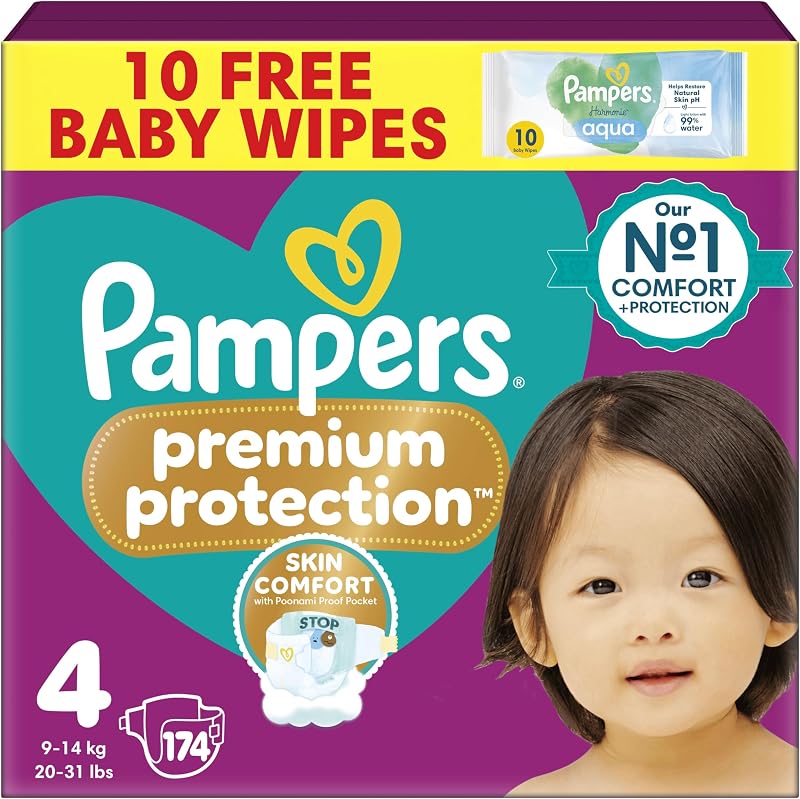 Pampers Premium Protection Size 4 Nappies 174 9kg-14kg Monthly Pack