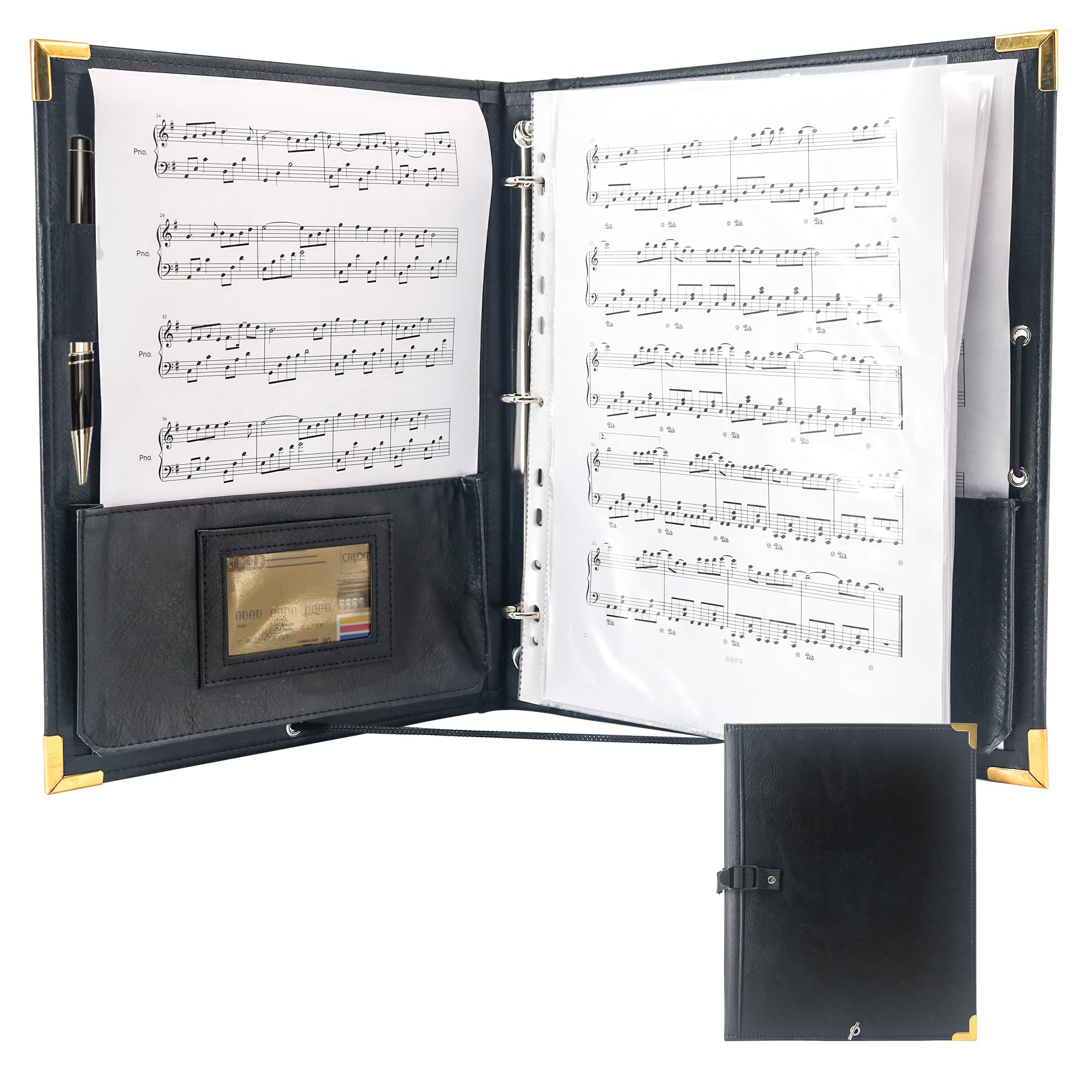 GraduatePro Sheet Music PU Leather Choir Folder Black, 3 Rings Binder 12.5" x 10" Piano Music Binder with Elastic Band,10 Pockets for Sheets 8.5 * 11/A4