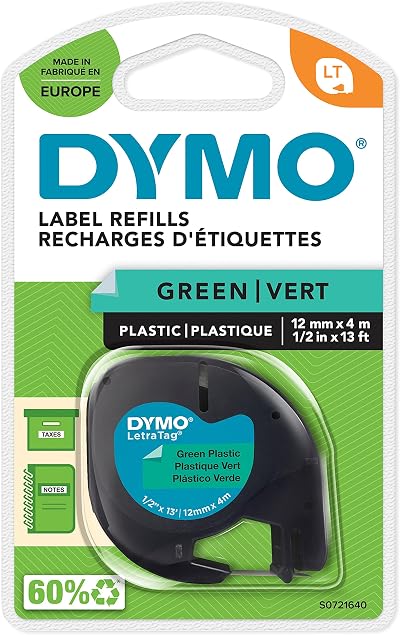 Dymo LetraTag Plastic Labels 12 mm x 4 m Black on Green Roll
