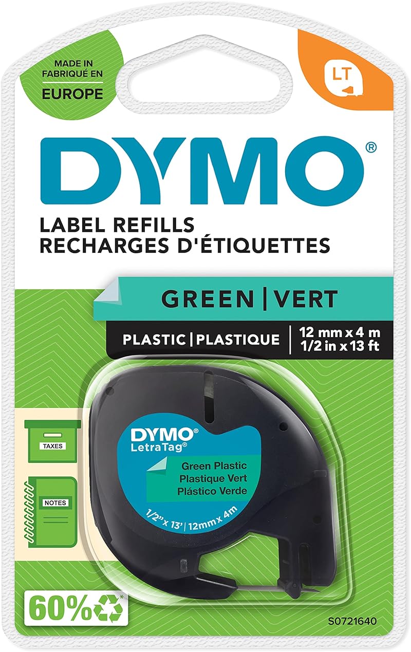 Dymo LetraTag Plastic Labels 12 mm x 4 m Black on Green Roll