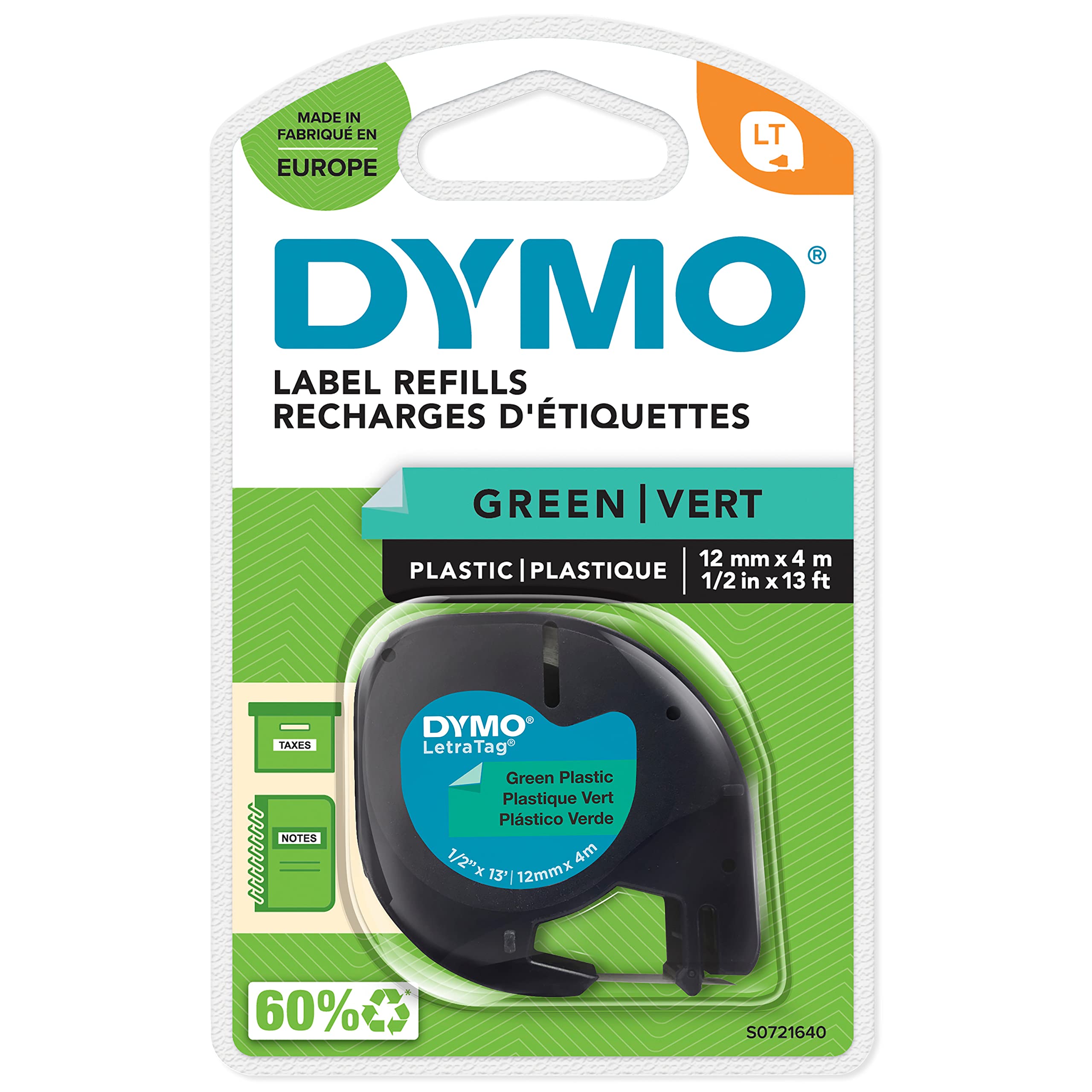 DYMO Branded LetraTag Plastic Labels | 12 mm x 4 m Roll | Black Print on Green Labels | MultipurposeSelf-Adhesive Labels for LetraTag Label Makers