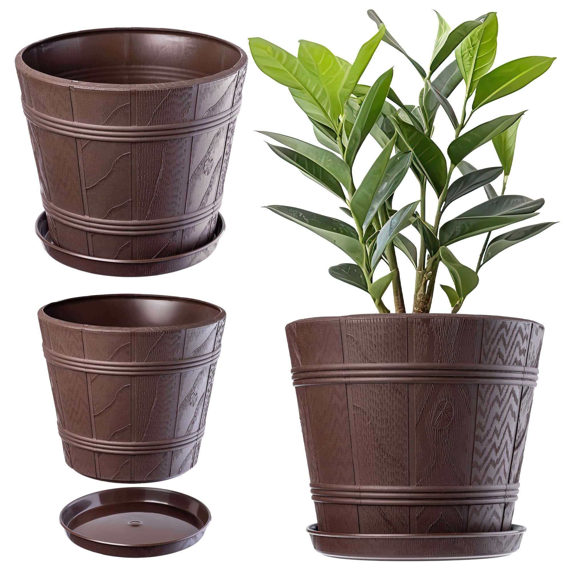 KADAX Barrel Planter, Plastic Plant Pot with Saucer for Indoor and Outdoor Use, Weatherproof Rustic Flowerpot for Balcony (⌀ 17 cm, Brown)