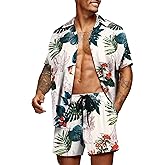 COOFANDY Men's Hawaiian Matching Set Summer Beach 2 Piece Outfits Flower Button Down Shirts and Shorts Vacation Outfits