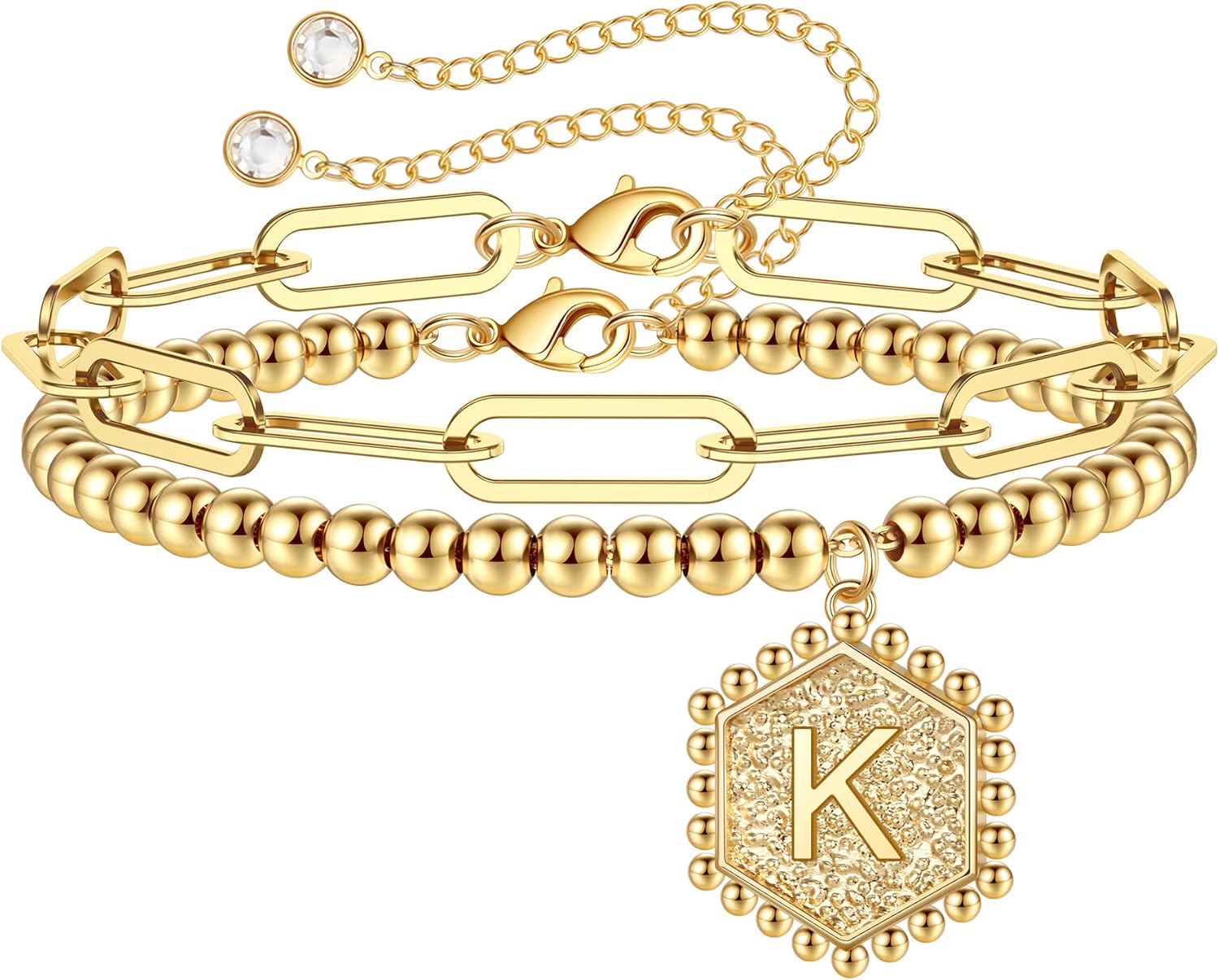 IEFWELL Dainty Gold Charm Bracelets for Women, 14K Gold Plated Bead Bracelet Letter K Paperclip Link Bracelets for Her Dainty Gold Charm Bracelets for Women Jewelry: Jewelry