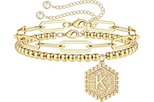 IEFWELL Gold Bracelets for Women Girls - 14K Real Gold Silver Rose Gold Initial Bracelets for Women Teen Girls Layered Paperclip Chain Beaded Bracelets Cute Link Bracelets for Teen Girls Jewelry Gifts
