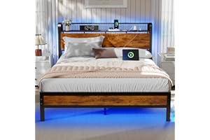 Furnulem Full Bed Frame with LED Lights,Industrial Storage Headboard with Charging Station,USB Port,Under Bed Storage,Wood Platform with Strong Metal Support,No Box Spring Needed, Silent