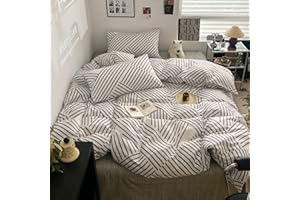 BlueBlue Abstract Kids Duvet Cover Set Queen 100% Cotton Bedding for Boys Girls Teens Simple Gray Stripe Line Pattern on White 1 Modern Geometric Full Comforter Cover 2 Pillow Shams, Queen