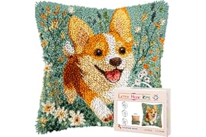 GENERIC DIY Latch Hook Pillow Kits for Adults Welsh Corgi Dog Running in Flowers Printed Pillowcase Crochet Yarns Hooking Handmade Pillow Cover Cushion for Home Sofa Decoration 17x17inch-3
