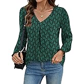AKEWEI Blouses for Women Basic Shirt V-Neck Ruffle Sleeve Tops Dressy Ladies Spring Clothes Blue Green Print M