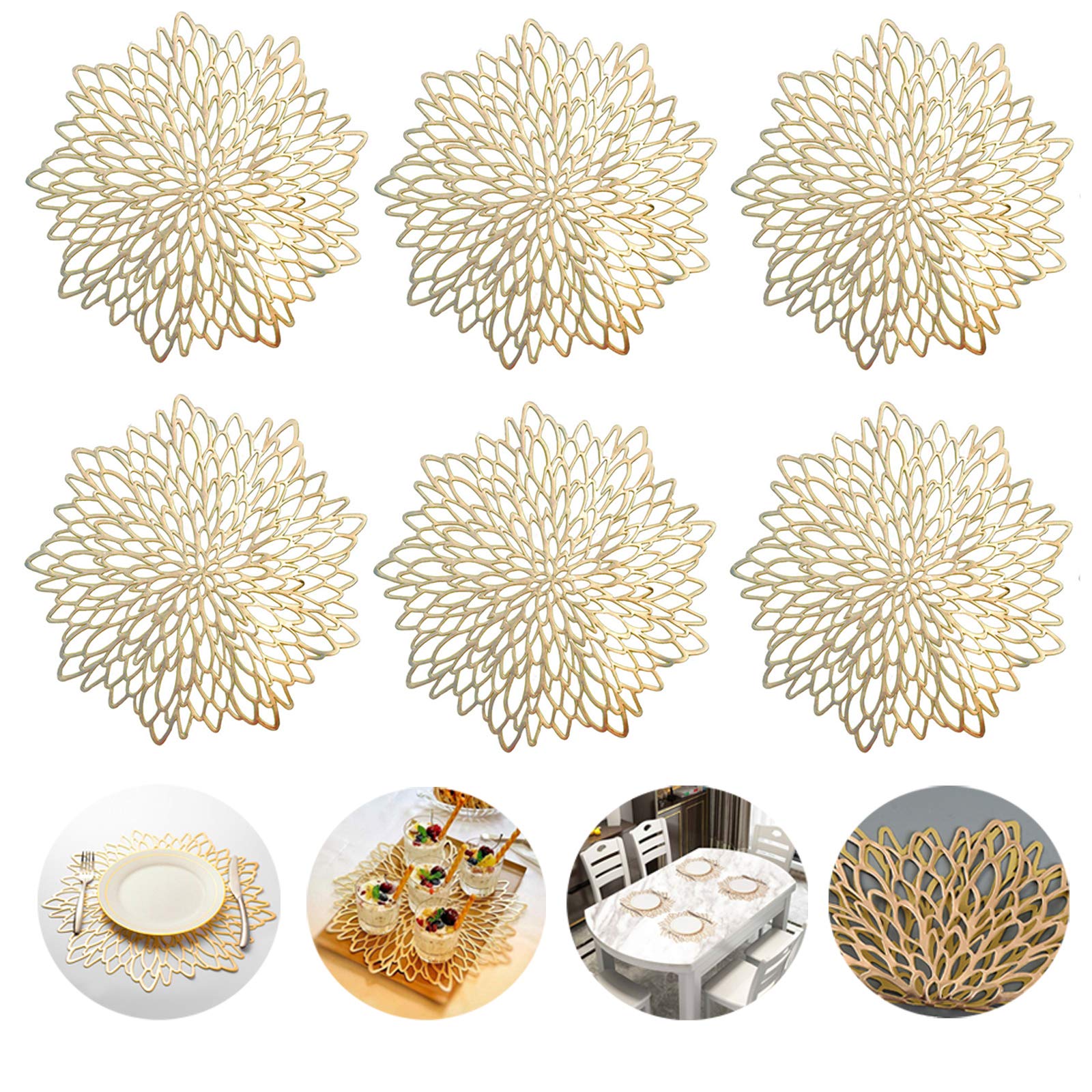 Gold Place Mats and Table Mats Sets, Washable Hollow Round Place Mats for Kitchen Table Heat Resistant PVC Table Mats for Dining Table Christmas, Wedding, Restaurant, Hotel,15.5inches (6PCS)