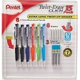 Pentel Twist-Erase Click Mechanical Pencils 0.7mm, HB #2, School Supplies, Teacher Supplies, Drawing Sketching pencils, Assorted Barrel Colors- 6 Mechanical Pencils, 6 Erasers, 3 Tubes of Lead Refills