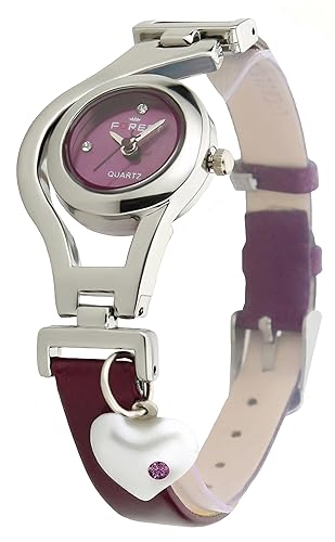 Dk Heart Pearl Dangle Silver Case Purpal Leather Strap Analogue Purple Dial Wrist Watch For Girls - Womens (Dk1207)