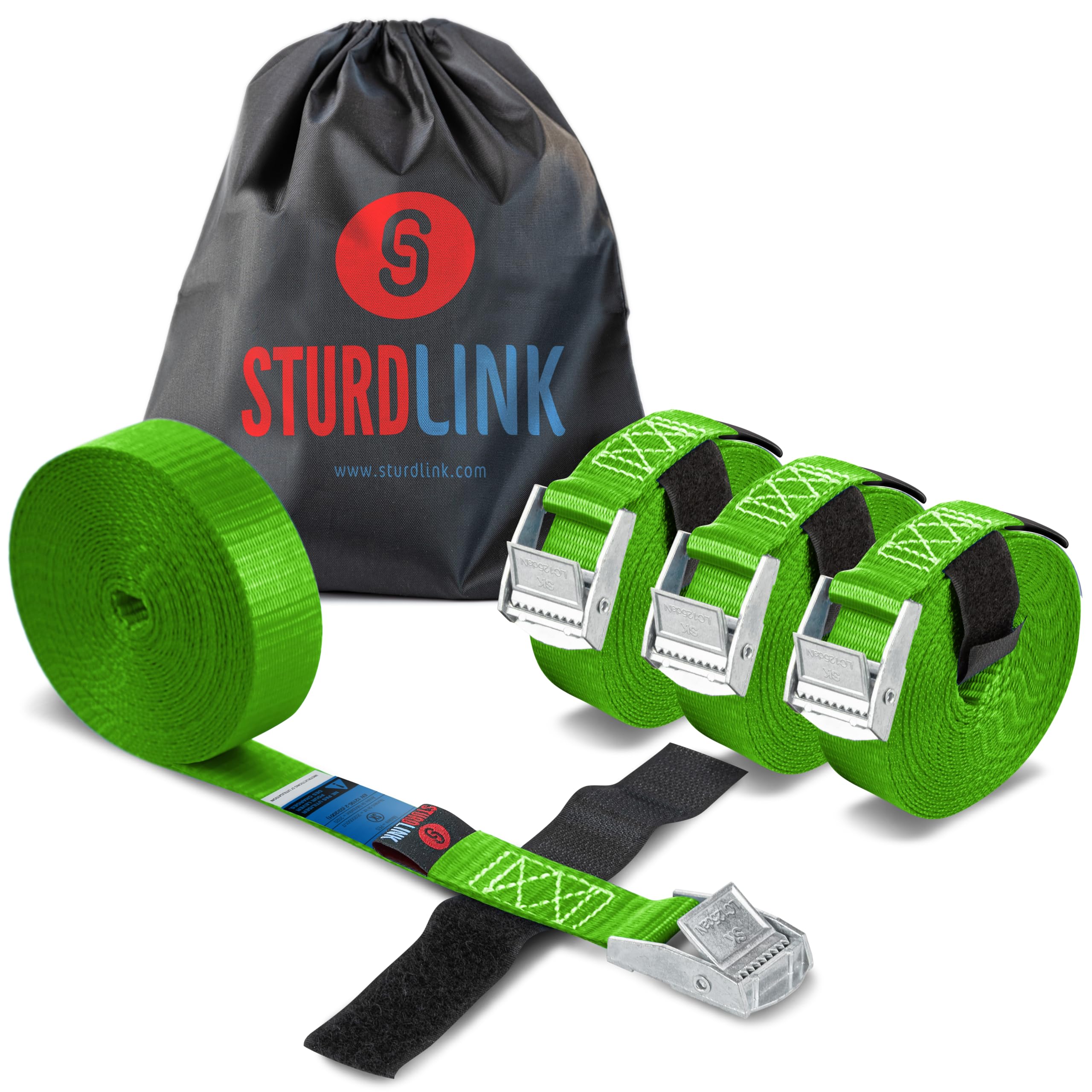 Cam Buckle Straps 4m 25mm 250kg + Transport Bag | Set Of 4 Heavy Duty Tie Down Straps for Roof Racks, Bicycle Carriers, Luggage, Trailer | Professional Quality | EN12195-2