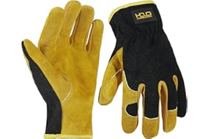 HANDLANDY Men Leather Gardening Gloves, Utility Work Gloves for Mechanics, Construction, Driver