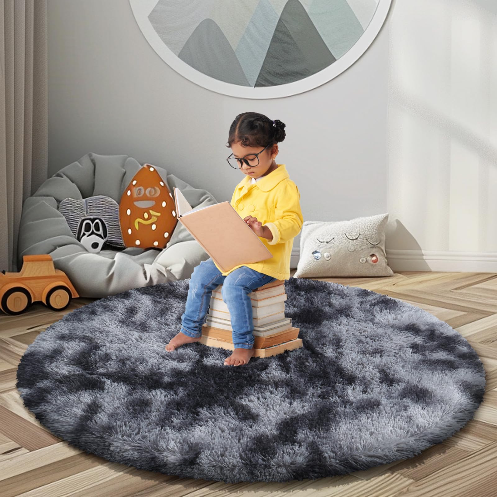 Photo 1 of Super Soft Circle Rugs for Girls Princess Castle Toddlers Play Tent 4 Diameter Area Rugs for Kids Bedroom Baby Room Decor Round Shag Carpets(?4, Dark Grey Tie-Dyed)