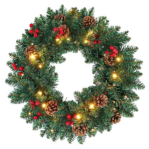 Christmas Wreath, Christmas Decorations with LED Lights Wreaths for Front Door Ornaments Door Wreaths Decor Outdoor Indoor Xmas Red Mixed Glitter Finish Artificial Decoration