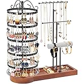 KALYLOC Jewelry Earring Holder Organizer, Adjustable 5 Tiers Rotating Earring Holder 3 Tier Necklace Holder with Wooden Base, Multi-Functional Jewelry Organizer Display Stand for Studs Bracelet Women