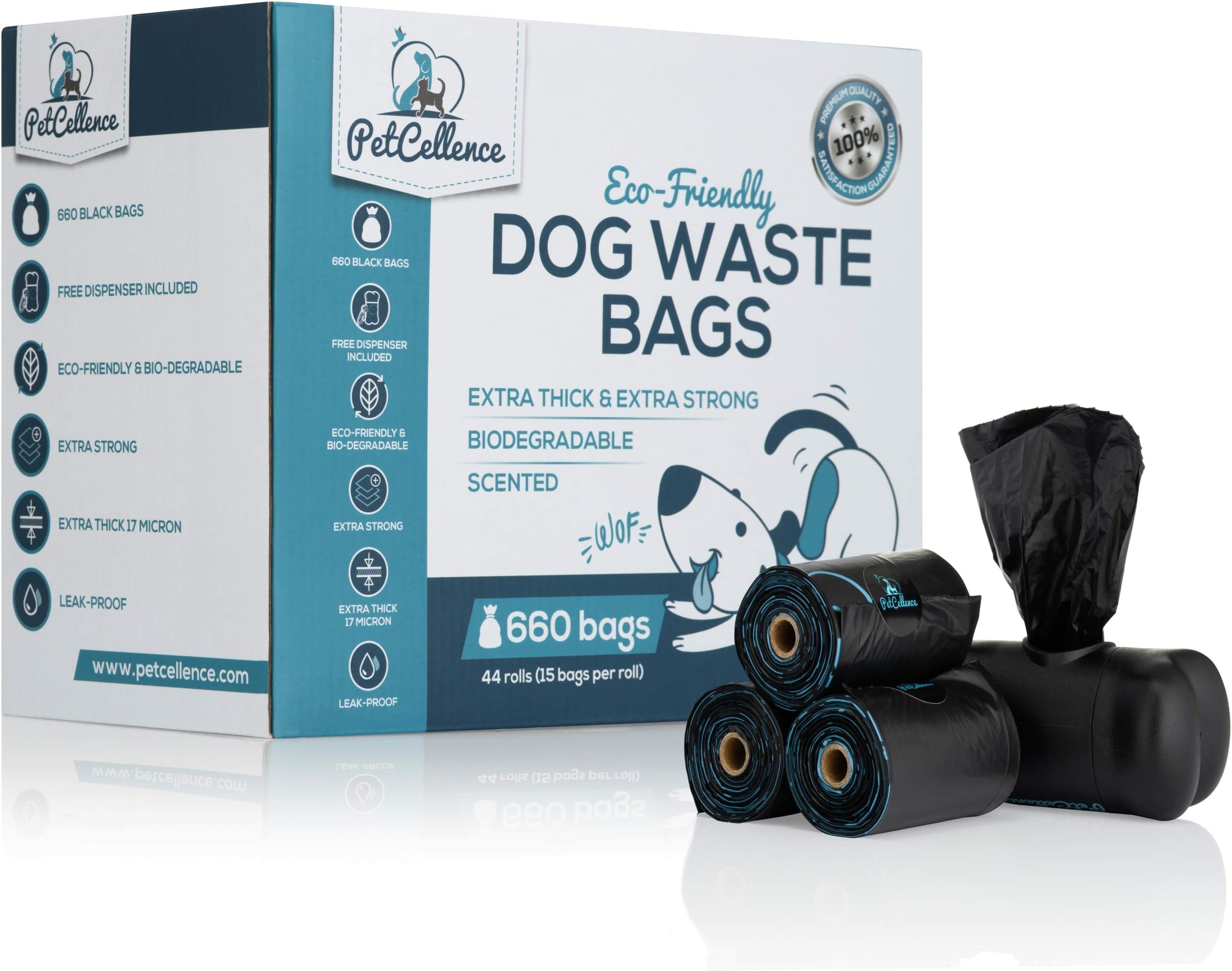 PetCellence Dog Poo Bags - 44 Rolls / 660 Bags Lead Dispenser - Premium Quality Biodegradable Poop Bags Extra Large, 17 Micron Extra Thick, Leakproof, Eco Friendly Scented Dog Bag