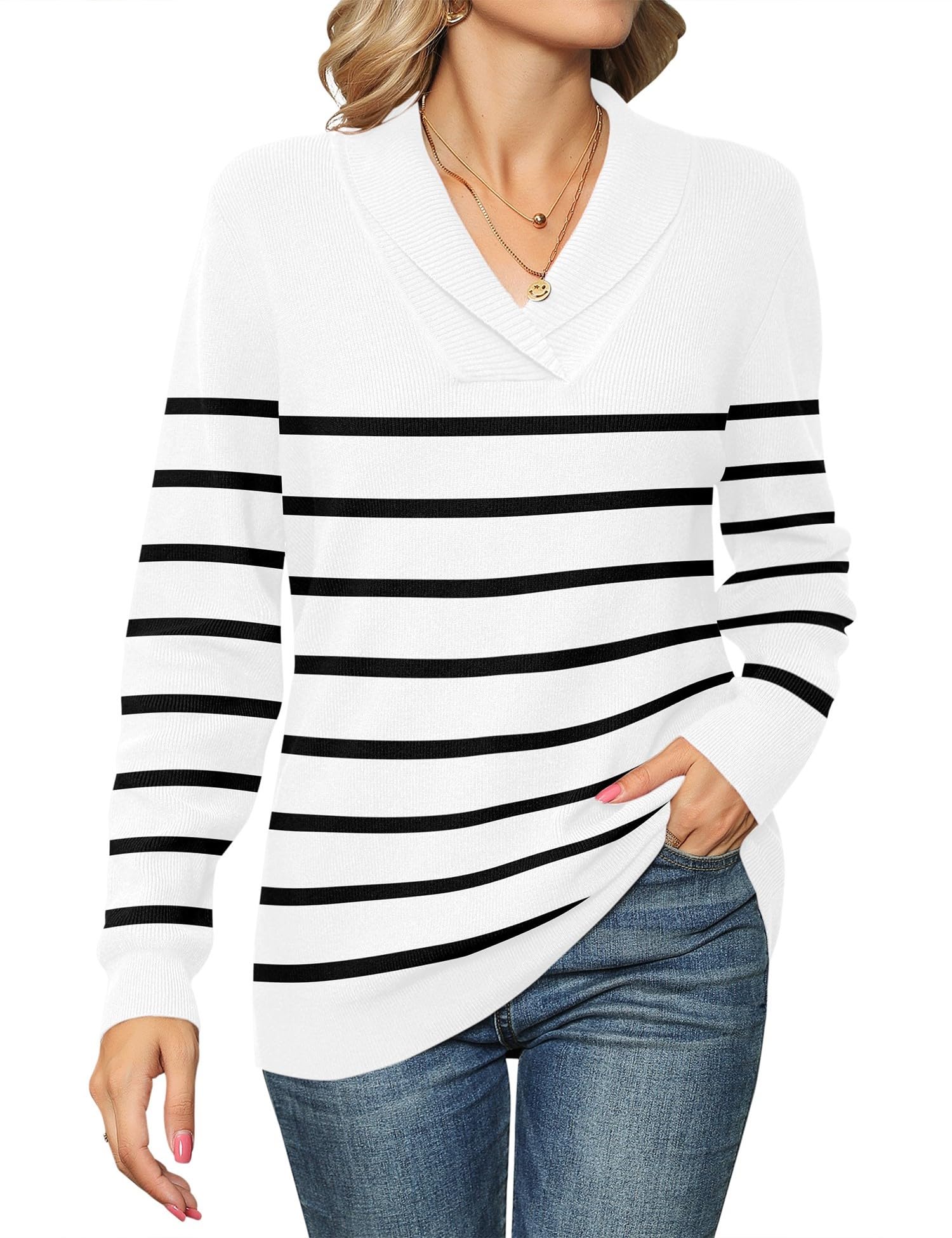 Ivicoer Women's Sweaters V-Neck Striped Pullover Fall Long Sleeve Shawl Collared Tops Ladies Knitted Casual Business Winter Dressy Polo Spring Fashion Trendy Image