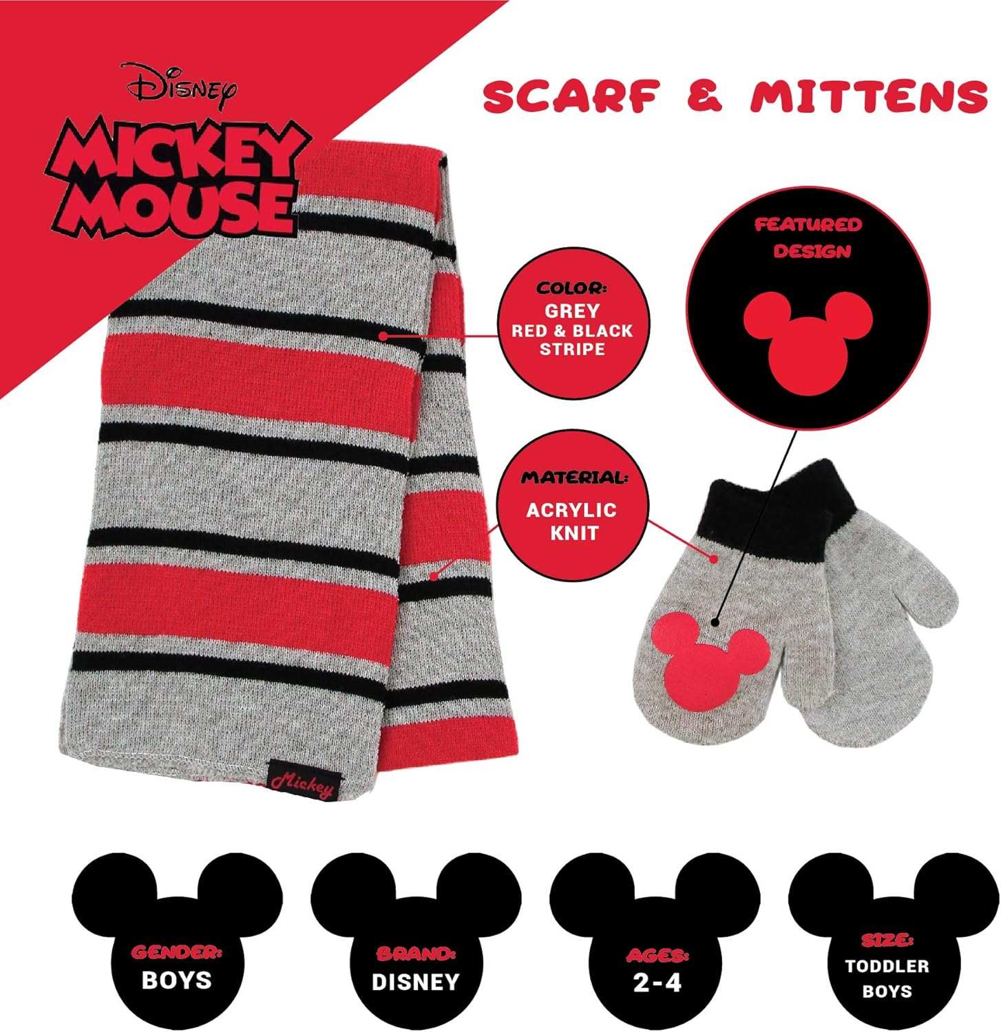 Mickey Mouse boys Scarf, and Mitten Set Cold Weather Hat, Grey/Red, 2-4T US: Clothing